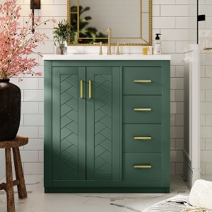 30" Retro Bathroom Vanity with Ceramic Sink, Freestanding Storage Cabinet with 3 Drawers & Soft-Close Doors - ModernLuxe - 1 of 4