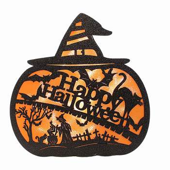 Roman Happy Halloween Lighted Pumpkin  -  One Lighted Figurine 13.0 Inches -  Witches Hat Bat Cat  -  136372  -  Paperboard  -  Black