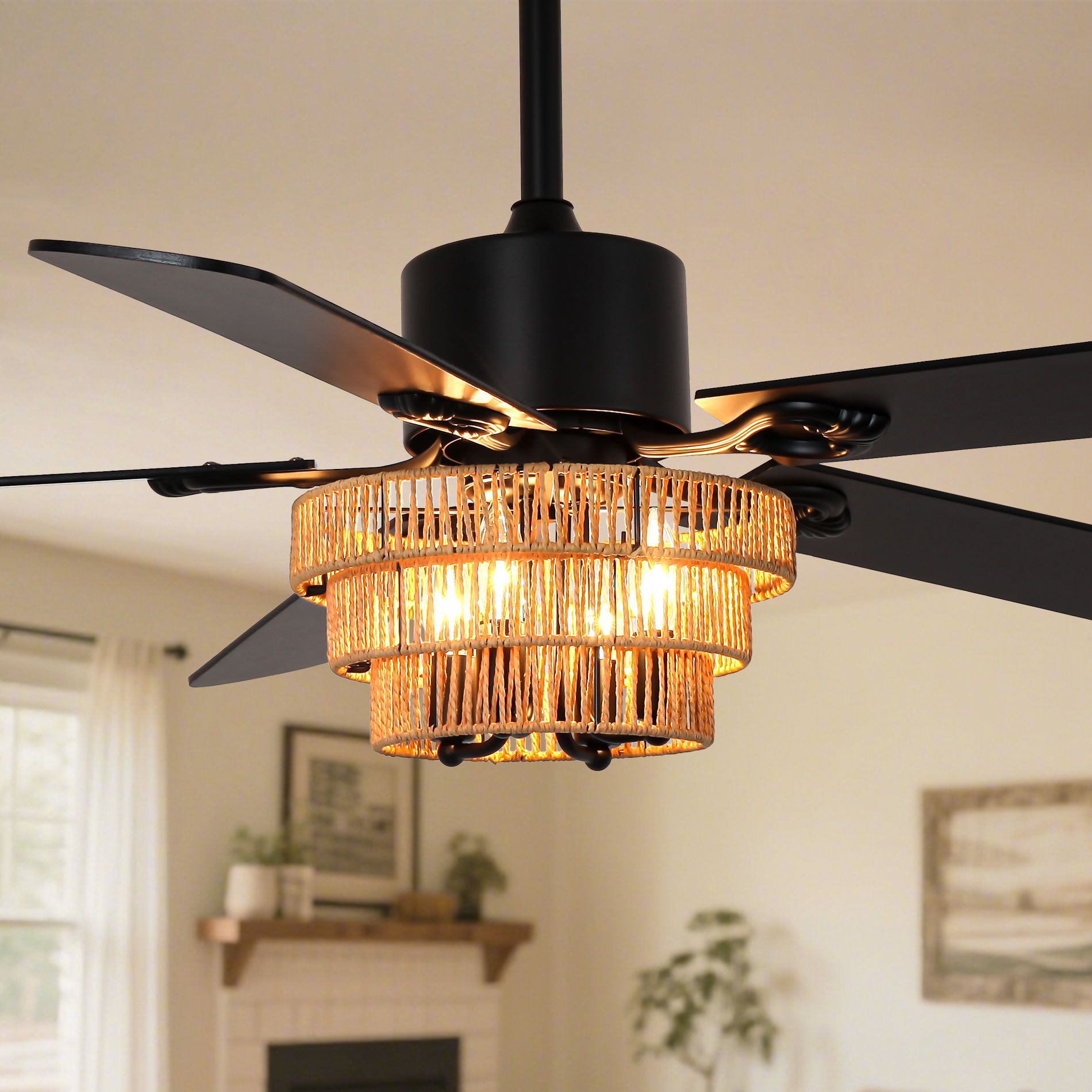 Bella Depot 52" Black Rustic Ceiling Fan with Light and Remote 6-speed Caged Ceiling Fan DC Motor