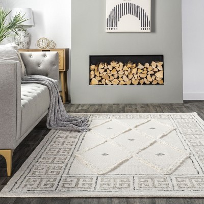 Ivory Geometric Tufted Wool 5x8 Area Rug