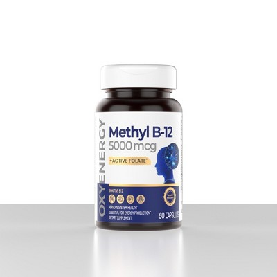 OXYENERGY Methyl Vitamin B12 5000mcg – Extra Strength Methylcobalamin with Folate, Supports Nerves, Energy, & Brain, 60 Capsules