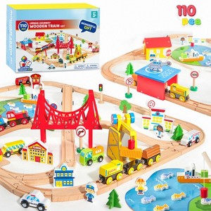Joyfy 110PCS Wooden Train Set – Toy Train with Tracks for Kids Ages 3-8, Railway Playset with Trains, Cars, Helicopter, Birthday Gift for Boys Girls - 1 of 4