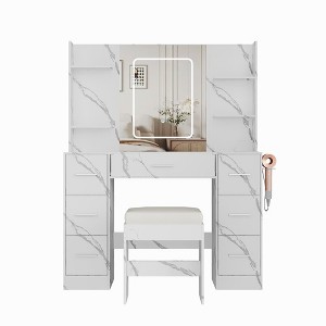 Vanity Desk with Stool, Bedroom Vanity Table Set, Hair Dryer Rack, Open Shelves, 7 Drawers, 3 Color Modes Brightness Adjustable Dressing - 1 of 4