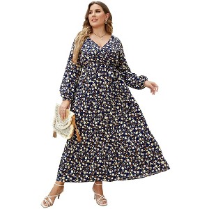 Plus Size Women's V Neck Long Sleeve Maxi Dress Floor Length Elegant Casual - 1 of 4