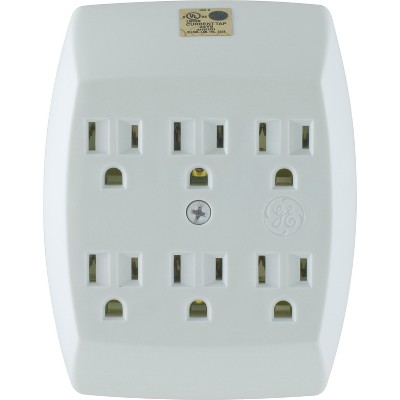 GE 6 Outlet Grounded Wall Tap White: Multi Plug Extender, 15A, UL Listed, 6 Electrical Outlets, General Electric