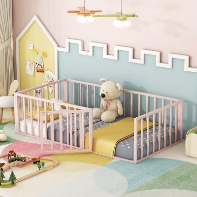 Streamdale Twin Size Metal Floor Bed Frame with Fence and Door, Pink
