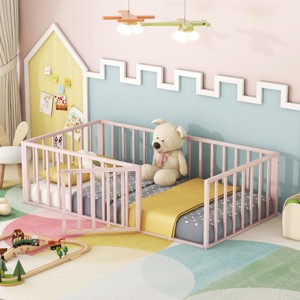 Streamdale Twin Size Metal Floor Bed Frame with Fence and Door, Pink - 1 of 4