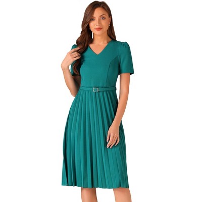 Allegra K Women's V-Neck Short Sleeve Belted A-Line Work Pleated Dress