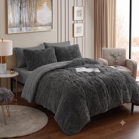 Комплект постельного белья Sweet Home Collections 7 Piece Plush Shaggy Bed In A Bag Comforter & Sheet Set Faux Fur Decorative Fluffy Velvet Bedding, Queen, White/Pale Pink, цвет: Тёмный серый