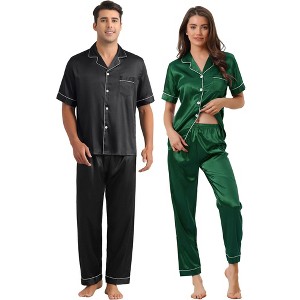 INSPIRE CHIC Couples Pajamas Sets Button Down Short Sleeve Casual 2 Pack Satin Sleepwear - 1 of 4