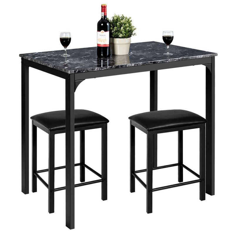 3 Piece Counter Height Dining Set Faux Marble Table 2 Chairs Kitchen Bar, 1 of 11