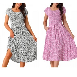 Seta T Women's Casual Floral Crew Neck Cap Sleeve Boho Flowy Midi Dress with Pockets 2 Packs - 1 of 4