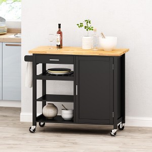 Kitchen Island Cart With Lockable Wheels, Utility Kitchen Cart With 1 Drawer, 3 Open Storage Shelves And Cabinet, Rolling Cart For Dining Room Bar - 1 of 4