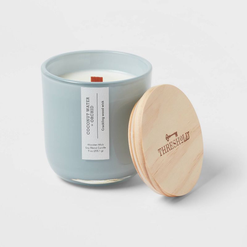 Round Base Glass Candle with Wooden Wick Coconut Water & Orchid Blue - Threshold™, 4 of 5