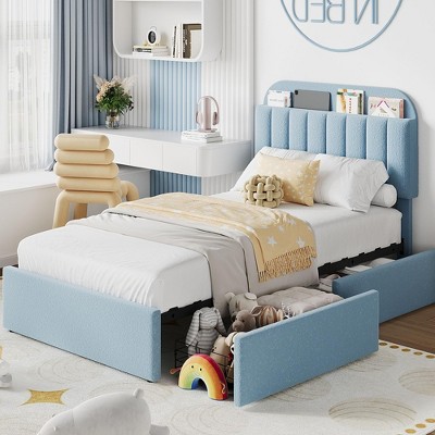 Twin Bed Frame with Storage Headboard, Girls Bed Frame with 2 Drawers
