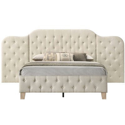 Beige Linen Upholstered Queen Bed with Tufted Headboard and Storage Drawer