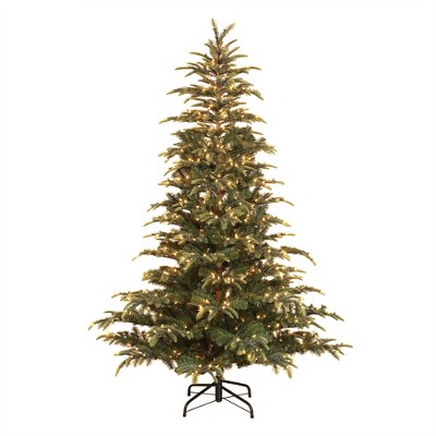 Puleo International 6.5 Foot Dans Mountain Fir Prelit Artificial Full Christmas Tree w/1,725 Branch Tips, 500 Clear Lights, Hinged Branches, & Stand