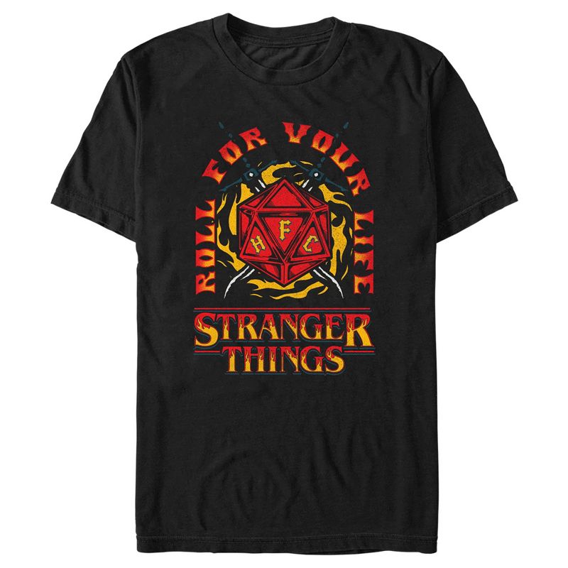 Men's Stranger Things Roll for Your Life Hellfire Club Flame Dice T-Shirt, 1 of 6