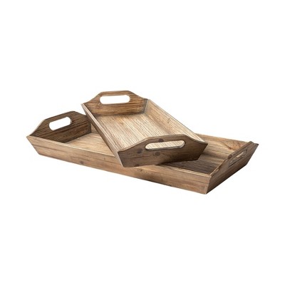 HomeRoots Set Of 2 Natural Brown Wood With Grains And Knots Highlight Trays
