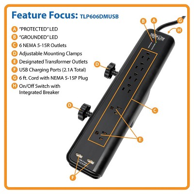 Black 6-Outlet Surge Protector with USB Ports and Clamps