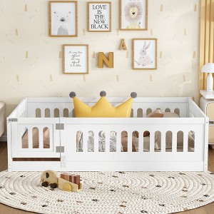 CAVINAS Twin/Full Size Kid Floor Bed with Slats,Safety Guardrails&Doors,Montessori Toddler Bed Frame,Solid Wood Floor Beds for Girls,Boys - 1 of 4
