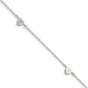 Black Bow Jewelry Sterling Silver Polished and CZ Heart Station Anklet, 9-10 Inch - 1 of 4
