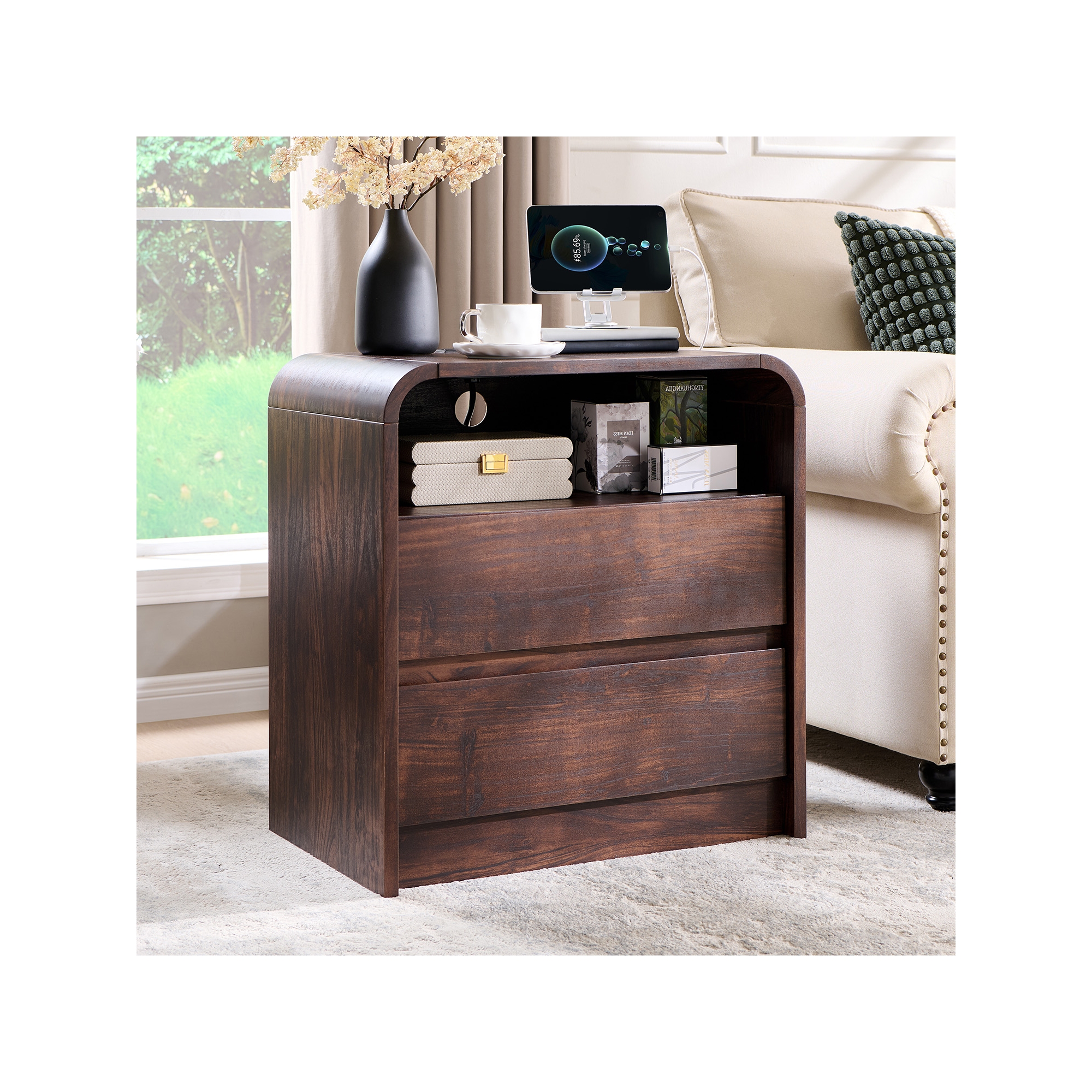 25" Tall Modern Nightstand, Wood Bedside Table w/Charging Station & 2 Drawers, Mid Century End Table for Bedroom, Living Room, Brown