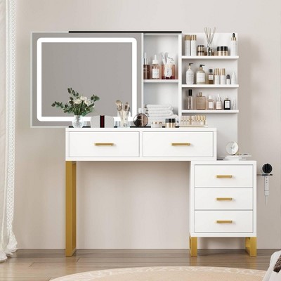Vanity Desk with Mirror, Makeup Vanity Desk Charging Station,LED Light with 3 Lighting Modes