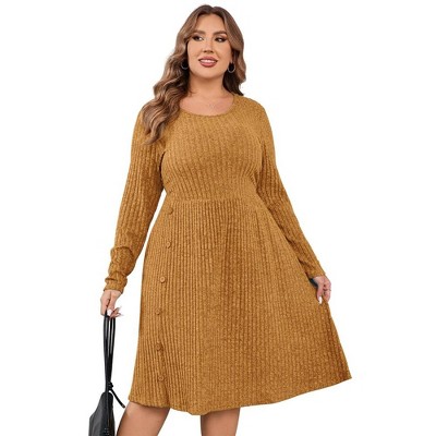 Women's Plus Size V Neck Cable Knit Sweater Dress Long Sleeve Oversized Casual Pullover Midi Dress with Belt