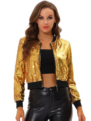 Allegra K Women's Sequin Long Sleeve Glitter Shiny Party Bomber Jacket ...