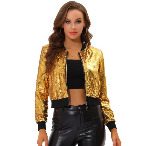 Inspire Chic Women s Sequin Long Sleeve Glitter Shiny Party Bomber Jacket Yellow Large Target