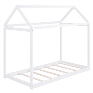 COWLOWN Twin Size Wooden House Bed, House-Shaped Design with Roof for Kids Room, Made of Pine Wood & MDF - 1 of 4