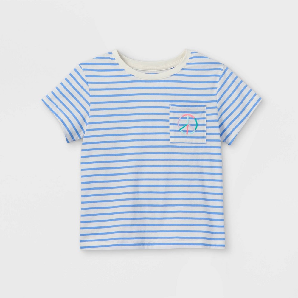 Size XXL Girls' Striped Short Sleeve Pocket T-Shirt - Cat & Jack Blue/Cream 