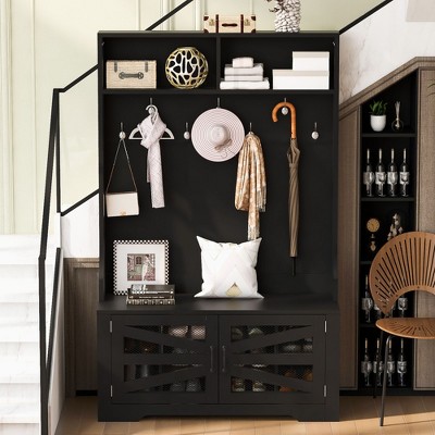 CAVINAS Hall Tree with 7 Hooks Modern Coat Rack with Storage Bench and Adjustable Shelves for Entryway