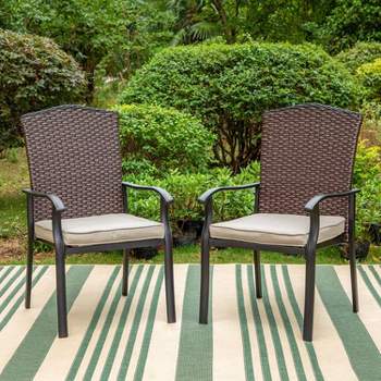 2pk Outdoor Steel Dining Chairs with Fan-Shaped Back & Cushions Beige - Captiva Designs