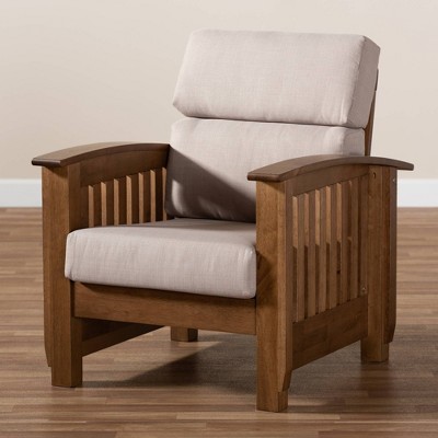 Walnut Brown and Taupe Leather Accent Chair with Slatted Back