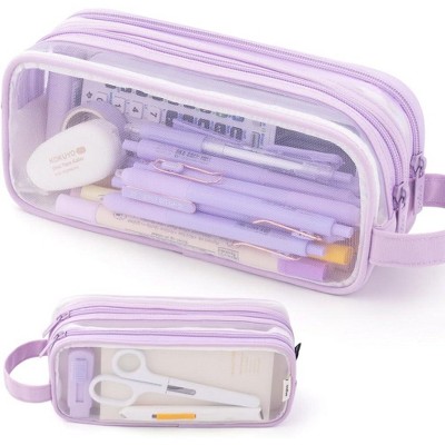 Fmeida Large Grid Mesh Pencil Case 2 Compartment Pen Bag Clear Handheld Multifunction Pencil Pouch Transparent Makeup Bag