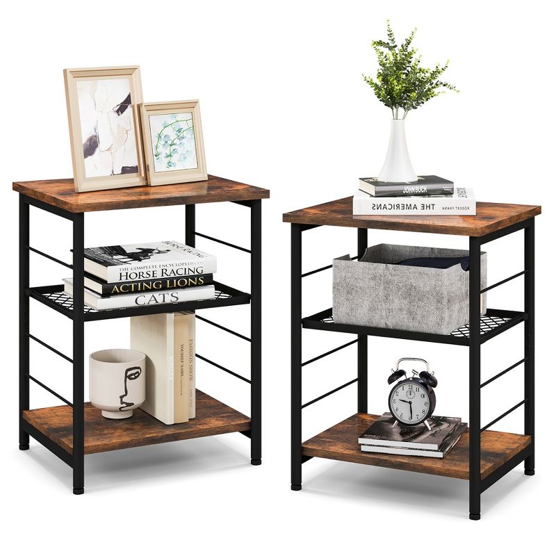 Costway 2 PCS 3-Tier Side End Table with Adjustable Mesh Shelf Narrow Nightstand, 1 of 11