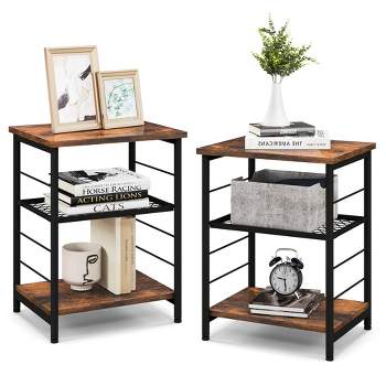 Costway 2 PCS 3-Tier Side End Table with Adjustable Mesh Shelf Narrow Nightstand