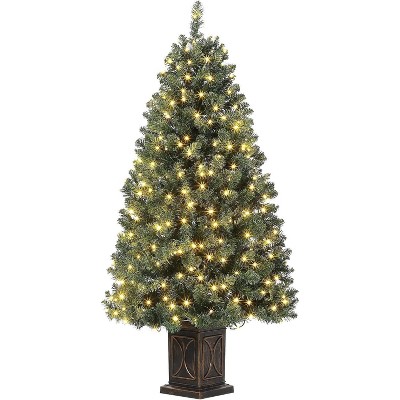 145cm Artificial Christmas Tree with 300 LEDs, Christmas Tree Lighting Warm White 8 Modes, Foldable Metal Frame and Stand (Black Pot )