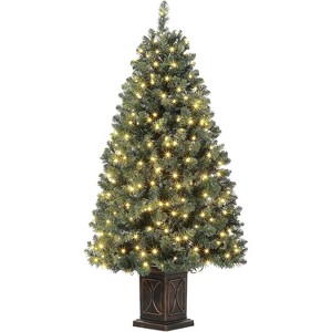 145cm Artificial Christmas Tree with 300 LEDs, Christmas Tree Lighting Warm White 8 Modes, Foldable Metal Frame and Stand (Black Pot ) - 1 of 4