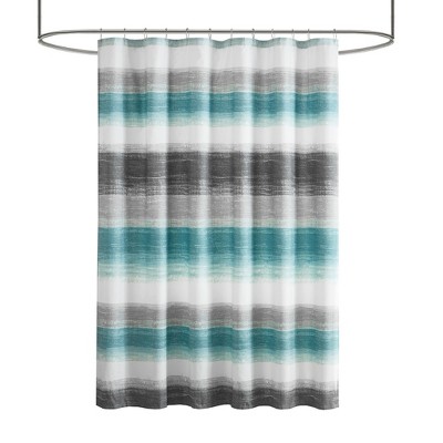 Vynxaria Aqua Gray Stripe Print Shower Curtain 72x72 Inch