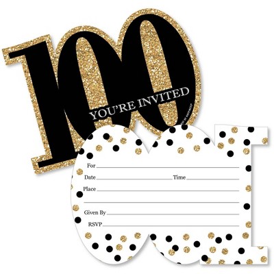 Big Dot of Happiness Adult 100th Birthday - Gold - Shaped Fill-In Invitations - Birthday Party Invitation Cards with Envelopes - Set of 12