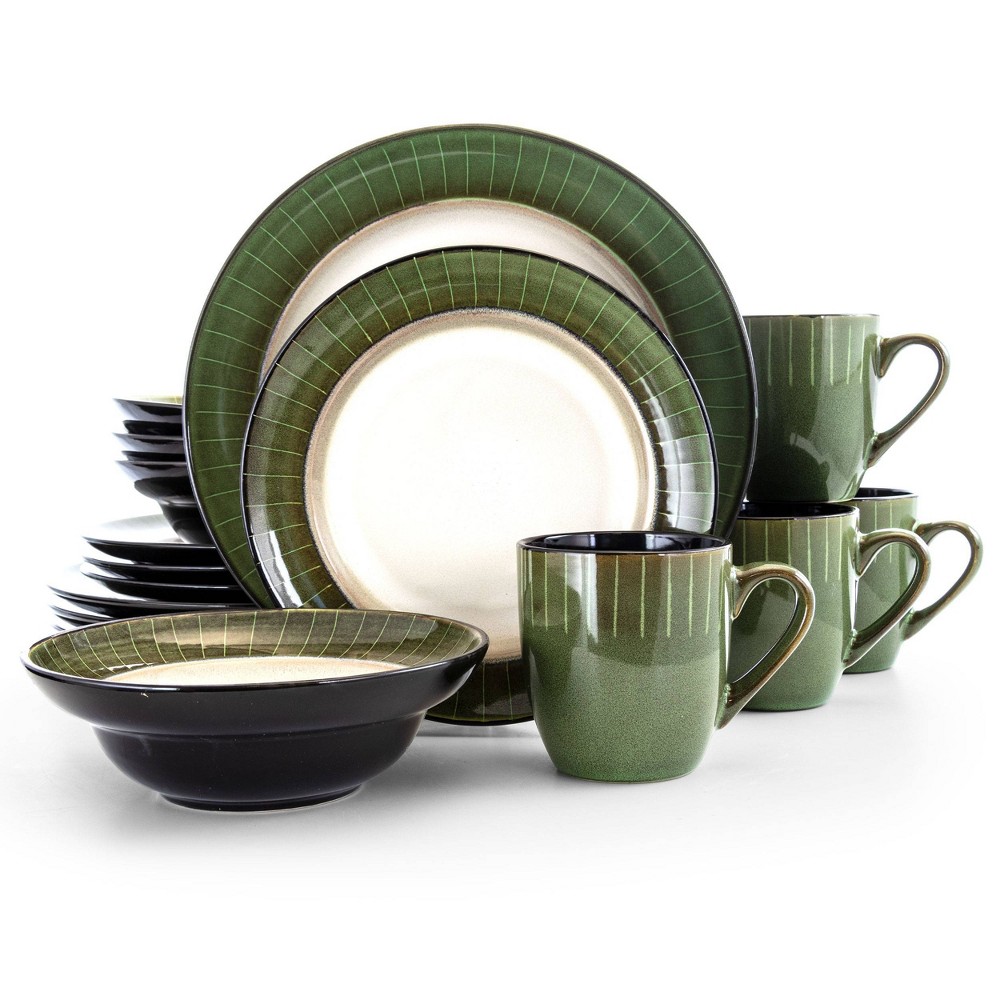 Photos - Other kitchen utensils 16pc Stoneware Striped Dinnerware Set Green - Elama