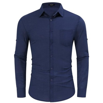 Mens Button Down Linen Shirts Casual Long Sleeve Dress Shirts Regular Fit Cotton Beach Yoga Shirts with Pocket