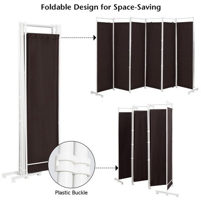 Brown Polyester 6-Panel Folding Room Divider with Steel Frame