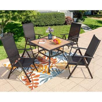 5pc Patio Set with Square Faux Wood Top Table & Reclining Sling Chairs with Armrests - Captiva Designs