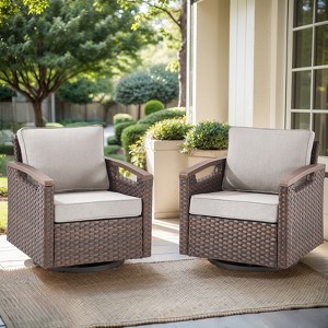POCASSY Swivel Patio Chairs Swivel Rocker Set of 2, Dark Brown Hand-Brushed Arms 360° Swivel Outdoor Chairs with All Weather Brown Wicker & 4" Cushion - 1 of 4