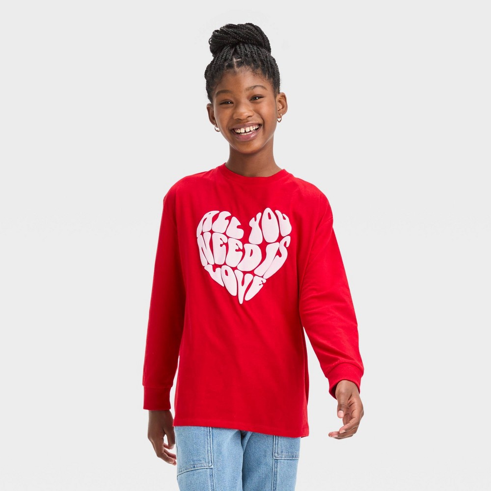 Girls' Long Sleeve Oversized 'All You Need is Love' Graphic T-Shirt - art class™ Red L