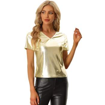 Allegra K Women's V Neck Short Sleeve Party Clubwear Shiny Metallic Blouses